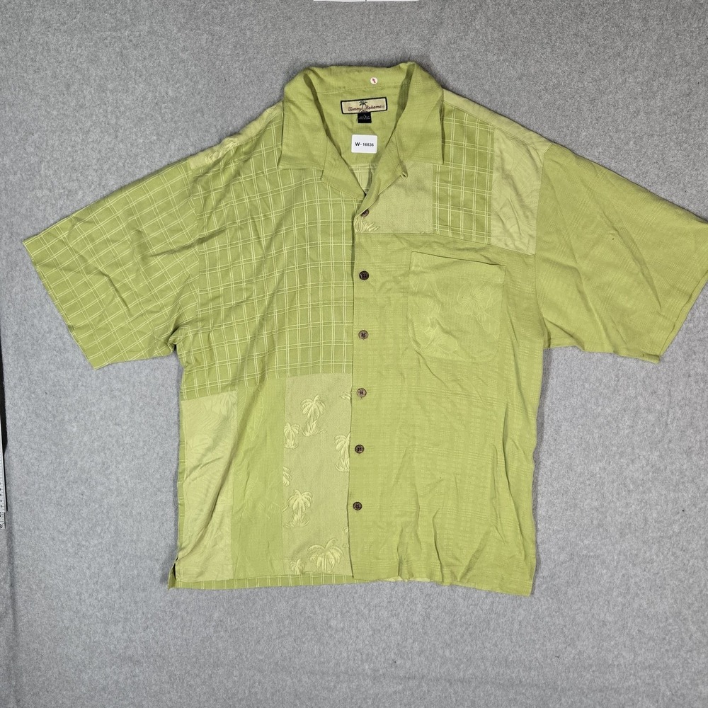 Tommy Bahama Men Button Up Shirt L Green Silk Plaid Hawaiian Shirt